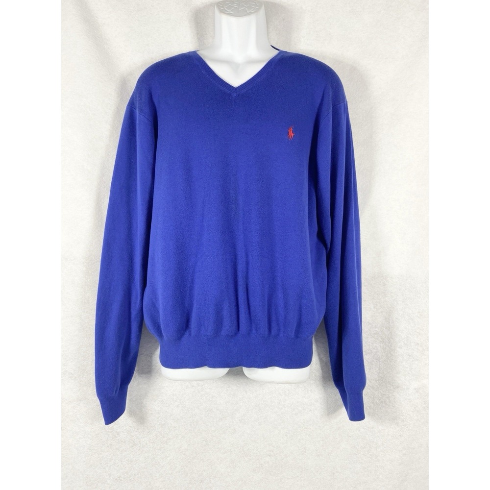 Vintage Polo Ralph Lauren Sweater Men's XL Blue Pullover V-Neck Pima Cotton